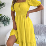 Women's Casual Square Neck Short Sleeve Tie Waist Ruffle A-Line Dress