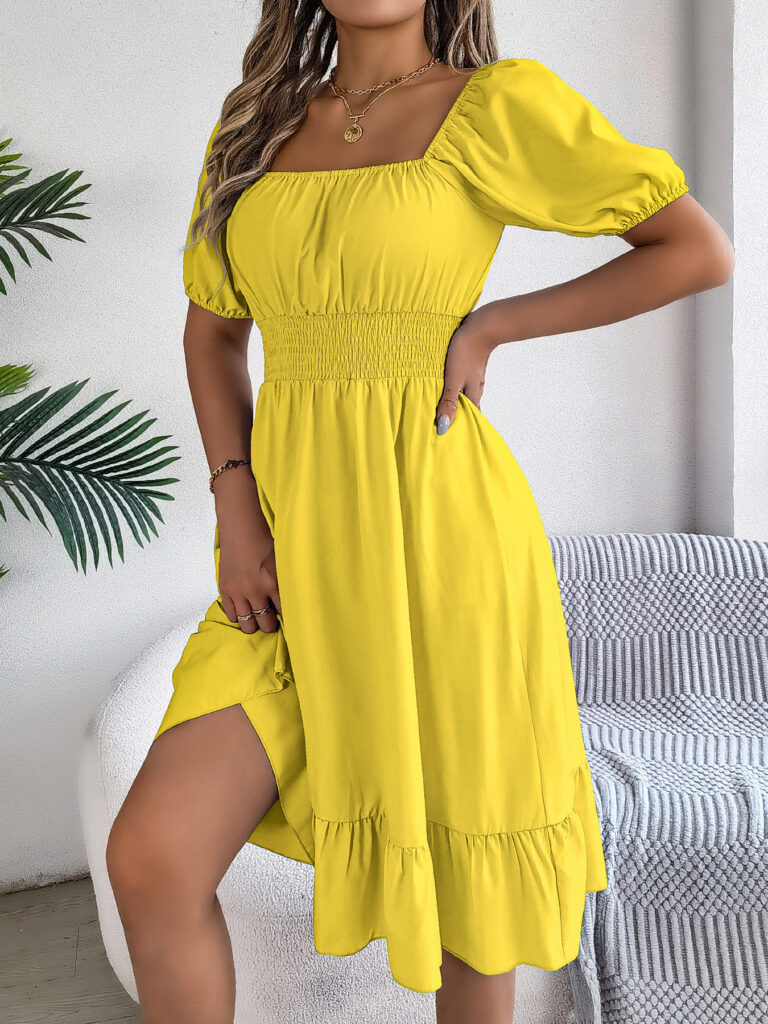 Women's Casual Square Neck Short Sleeve Tie Waist Ruffle A-Line Dress