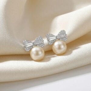 925 Sterling Silver Elegant Tahitian Pearl and Diamond Bow Stud Earrings