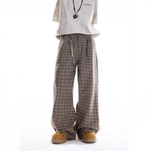 Brown Plaid Casual Wide-Leg Pants Womens