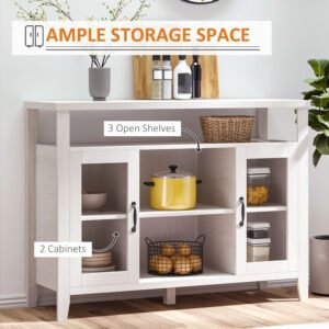 Farmhouse Sideboard Buffet Cabinet, Coffee Bar Cabinet with Storage Shelves, Kitchen Cabinet with 2 Framed Glass Doors and Anti-Topple, White