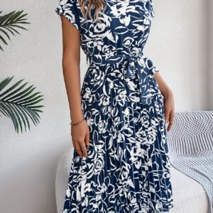 Women's Elegant Floral Print Short Sleeve Flowy Pleated Dress
