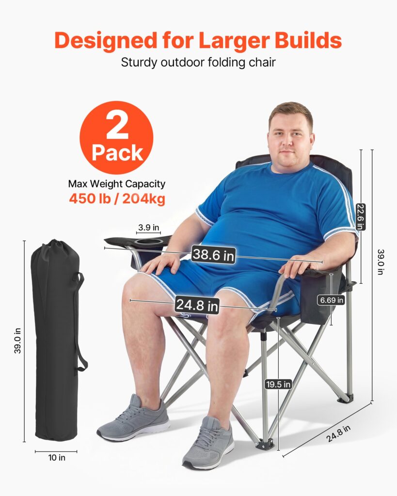 Oversized Camping Chairs, 450 Lbs Heavy Duty Support, Portable Folding Camp Chairs With Padded Backrest & Armrests, Cup Holder & Side Pocket, Cooler Bag, Carry Bags For Outdoor, Fishing, 2 Pack