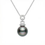 925 Sterling Silver Elegant Tahitian Black Pearl Pendant Necklace with Brilliant Diamond Accents