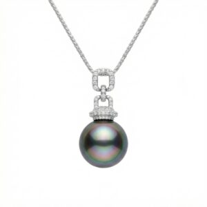 925 Sterling Silver Elegant Tahitian Black Pearl Pendant Necklace with Brilliant Diamond Accents