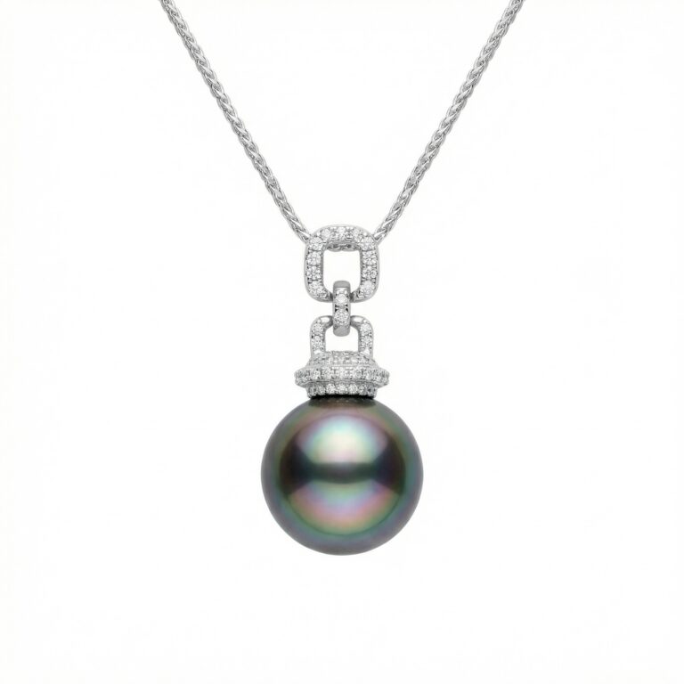 925 Sterling Silver Elegant Tahitian Black Pearl Pendant Necklace with Brilliant Diamond Accents