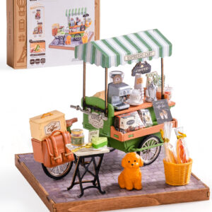 Rolife Coffee Cart Mini DIY Kit, 290-piece 3D Wooden Dollhouse Model, European Street Style, No Glue Required, Desktop Decoration And Handmade Gift For Adults