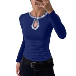 3D Rhinestone Embellished Crewneck Ribbed Long-sleeve Top