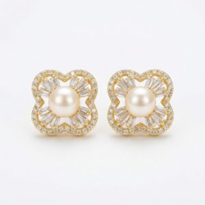 925 Sterling Silver Elegant Pearl Quatrefoil Stud Earrings with Sparkling Baguette and Pavé Accents