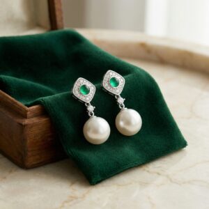 925 Sterling Silver Elegant Pearl Drop Earrings with Cabochon Emeralds and Diamond-Accented Geometric Settings