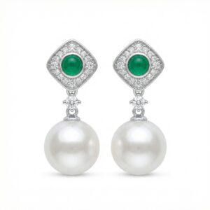 925 Sterling Silver Elegant Pearl Drop Earrings with Cabochon Emeralds and Diamond-Accented Geometric Settings