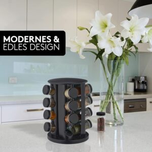 Stainless Steel Rotating Spice Rack With Round Top - 16 Jar Storage Organizer In Pure Black, Includes 16 Bottles
