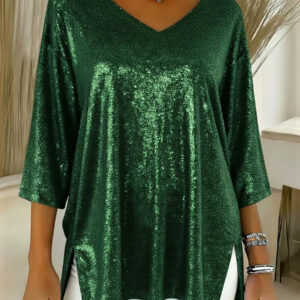 Womens Solid-Colored Loose V-Neck Cropped-Sleeve Split Top