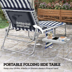 Tanning Chair with Face Hole and Side Table, 5-Position Folding Outdoor Chaise Lounge Chair, Blue and White