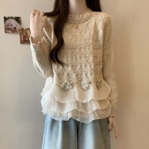 New Cross-border Foreign Trade European And American Women’s Clothing Autumn And Winter Styles With Fashionable And Slimming Design, Rose Lace Sweater, Knitted Sweater