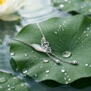 925 Sterling Silver Elegant Silver Butterfly Necklace with Iridescent Wing and Teardrop Charms