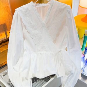 Womens Designer Lace Trim Long-Sleeve Casual Tie-Up Shirt Top