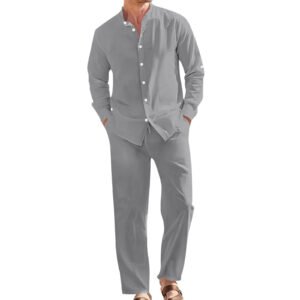 Men's Linen Casual Stand-Collar Shirt And Loose-Fit Trousers Set