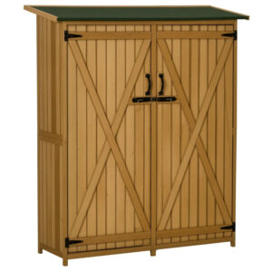 Outdoor Storage Cabinet Wooden Garden Shed Utility Tool Organizer With Waterproof Asphalt Rood, Lockable Doors, 3 Tier Shelves For Lawn, Backyard, Natural
