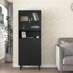 Tempered Glass Door Tall Storage Bookcase With Adjustable Board, 4 Doors MDF Painting Finished Cabinet, Black, Living Room Bedroom Storage