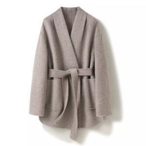 Camel-wool V-neck Wool Double-faced Wool Belted Coat