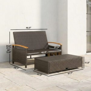 Rattan Outdoor Daybed w/4-Level Adjustable Backrest, Patio Sofa Bed w/Storage Ottoman, Acacia Wood Armrest, Beige