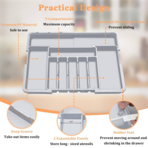 Adjustable 6-9 Compartment Kitchen Drawer Organiser For Large Capacity, Perfect Utensil Drawer Organiser, Cutlery Tray