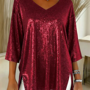 Womens Solid-Colored Loose V-Neck Cropped-Sleeve Split Top