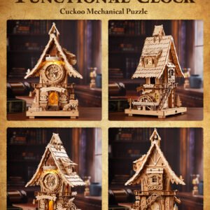 ROKR 3D Wooden Cuckoo Clock Puzzle, A Fun 3D Clock Puzzle Toy With LED Lights And Cuckoo Sounds, 435-piece Mechanical Wall Clock DIY Assembly Set, Suitable For Adults,LC901