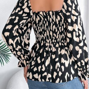 Women's Casual Ruffle Trim Square Neck Leopard Print Long Sleeve Chiffon Top