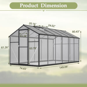 6' X 12' Thicked Polycarbonate Greenhouse, Greenhouse With Double Flush Door, Rain Gutter And Ventilation Window, Green House For Sunroom, Garden, Backyard, Walk-in Large Winter Greenhouse
