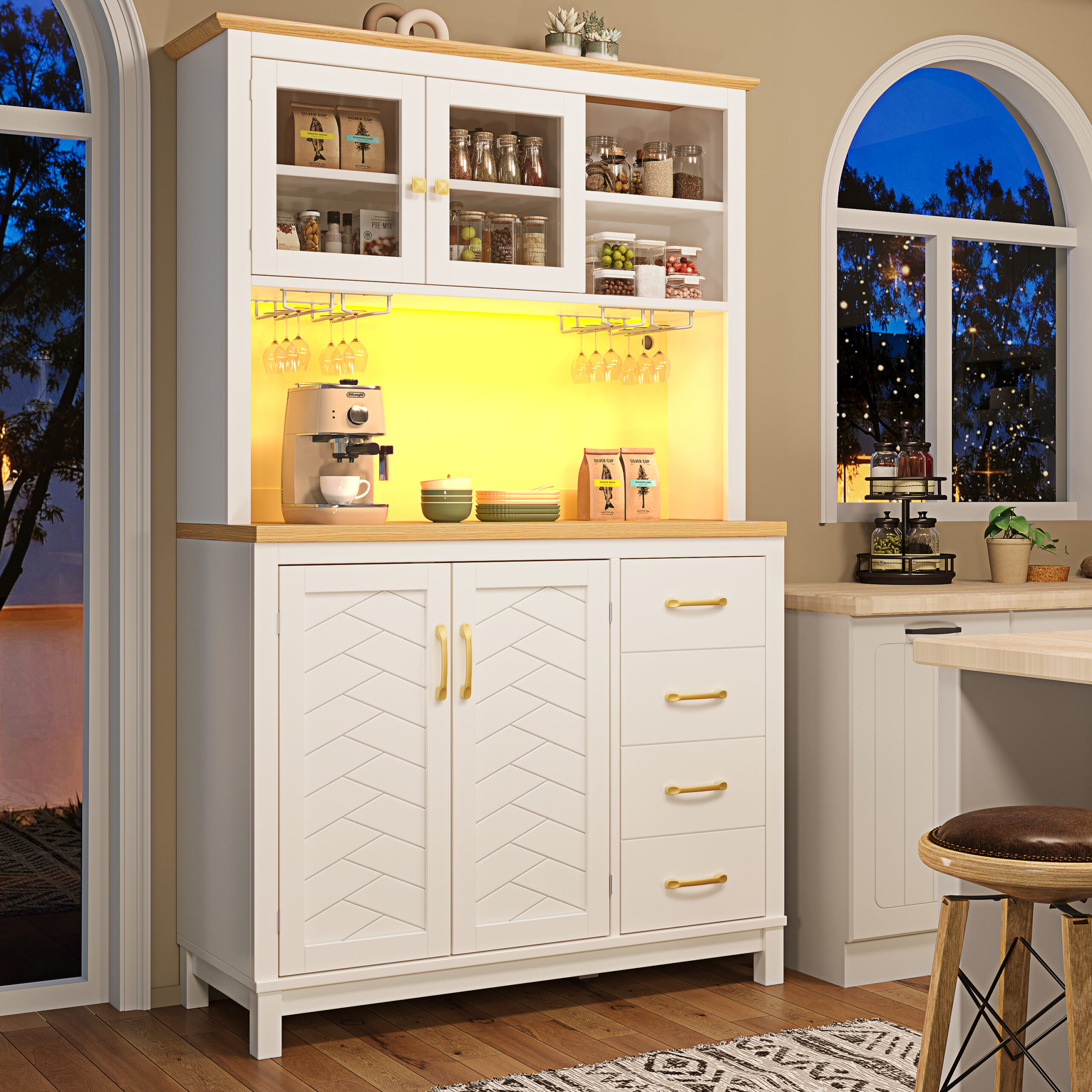 Sideboard Storage Cabinet Kitchen Cabinet Buffet Cabinet, 105.5x40x180cm, Farmhouse Style, 4 Doors, With LED Light Strip & Drink Holders, White