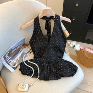 Women's Casual Halter Neck V-Neck Polka Dot Tank Top