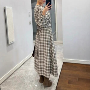 Plaid Digital Print Long-Sleeve Crew-Neck Dress