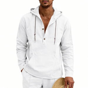 Linen Breathable Casual Mens Long-Sleeve Hooded Shirt