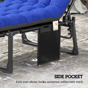 Folding Chaise Lounge Chair Outdoor Tanning Chair Set of 2 with 5-Position Backrest, Cushions, Side Pocket, Gray/Blue