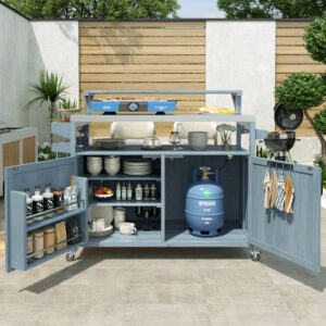 K&K 53.3 Outdoor Kitchen Island With Raised Shelf, Solid Wood Storage Cabinet With Stainless Steel Top, Outdoor Rolling Grill Cart With Internal Storage Rack, Adjustable Shelf, Spice Rack, Grey Blue
