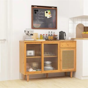 Natural Bamboo Sideboard Cabinet With Rattan Door, Sliding Door & Pull-Out Drawer, 5-Leg Rubber Wood Base