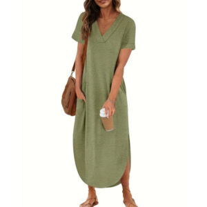 Loose Casual Short-Sleeve V-Neck Split Dress For Women