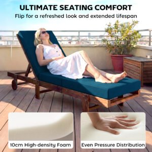 Set of 2 Chaise Lounge Cushion, 4" Thick Outdoor Lounge Chair Cushions with Ties for Patio, 21" x 72 ", Navy Blue