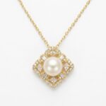 925 Sterling Silver Elegant Luminous Pearl and Diamond Vintage-Inspired Geometric Pendant Necklace