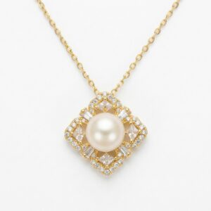 925 Sterling Silver Elegant Luminous Pearl and Diamond Vintage-Inspired Geometric Pendant Necklace