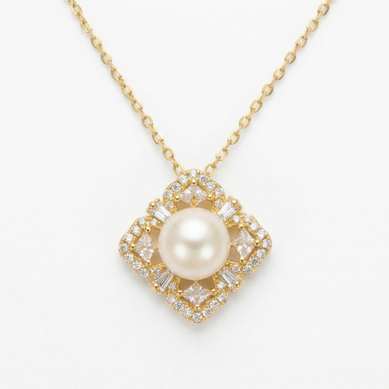 925 Sterling Silver Elegant Luminous Pearl and Diamond Vintage-Inspired Geometric Pendant Necklace