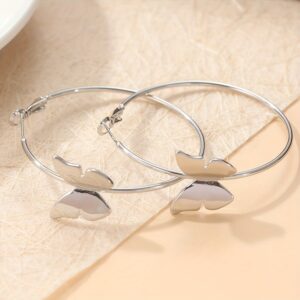 Fashionable Large Hoop Earrings With Butterfly Design Silver Color For Women