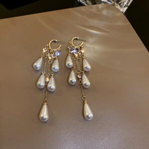 Diamond-studded Water-drop Pearl Tassel Earrings