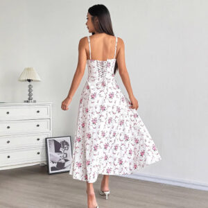 Printed Tube-top Slip Dress With Back-tie Waistband For A Slimming Effect