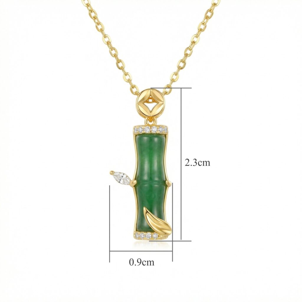 925 Sterling Silver Elegant Jade Bamboo Pendant Necklace with Sparkling Diamond Accents and Delicate Leaf Detail