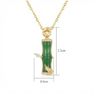 925 Sterling Silver Elegant Jade Bamboo Pendant Necklace with Sparkling Diamond Accents and Delicate Leaf Detail