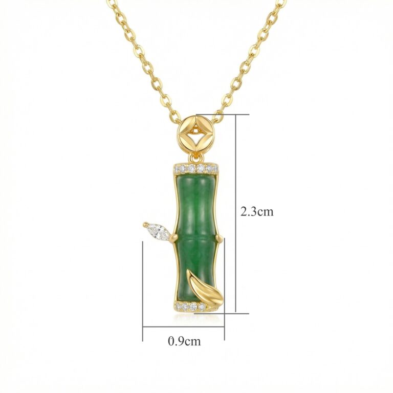 925 Sterling Silver Elegant Jade Bamboo Pendant Necklace with Sparkling Diamond Accents and Delicate Leaf Detail