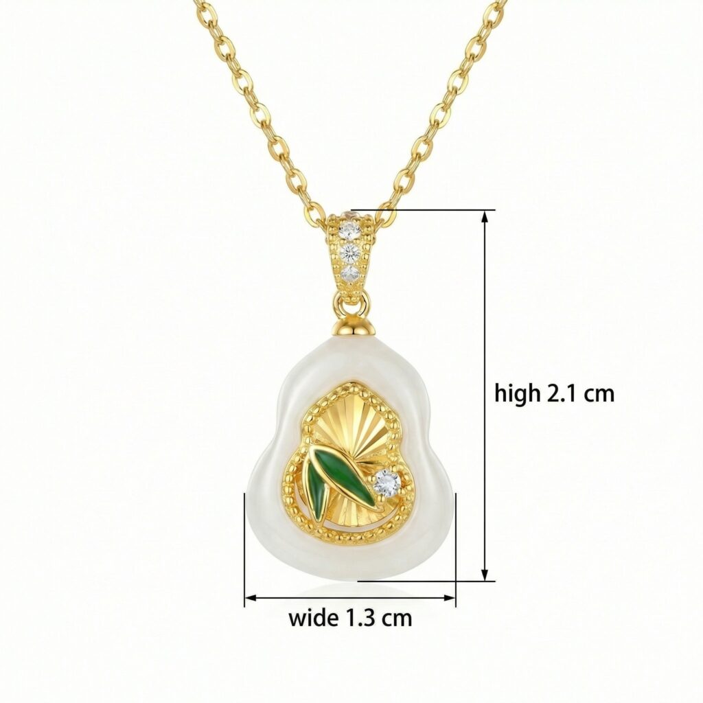 925 Sterling Silver Elegant White Jade Gourd Pendant Necklace Featuring Green Bamboo and Sparkling Accents